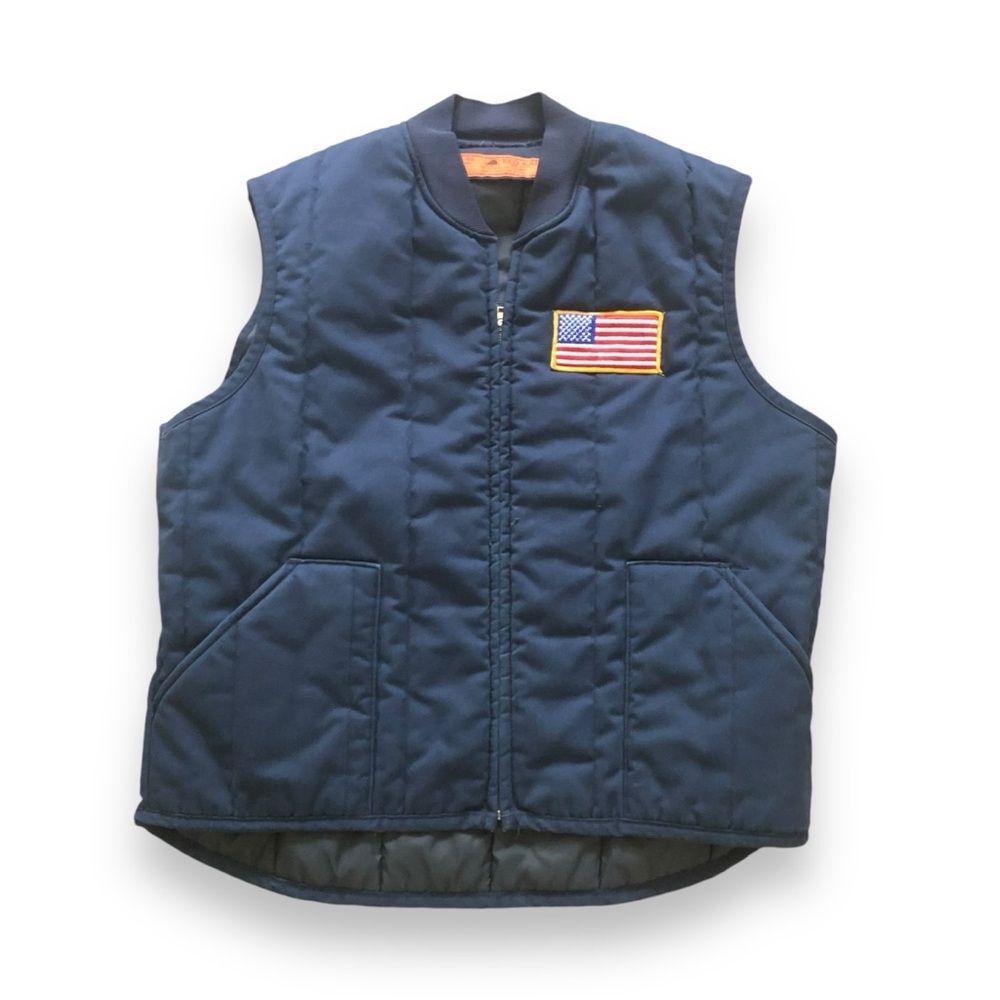 Red Kap Navy Blue Workwear Zip Up Quilted Insulated Vest Flag Patch Size XL